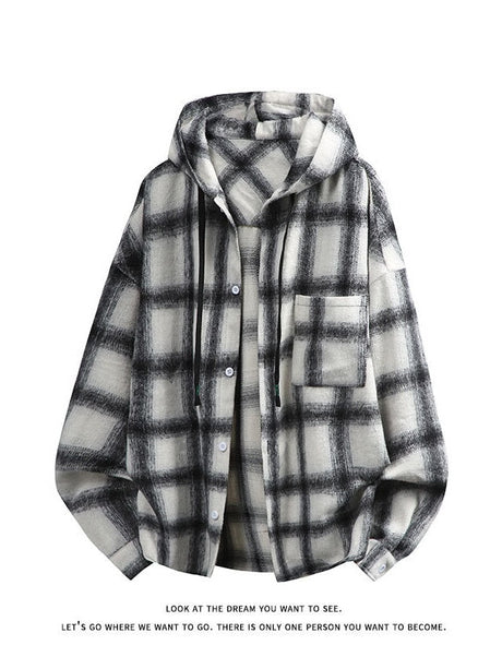 Plaid Stripes Sanding Thickening Hooded Long-sleeved Shirt
