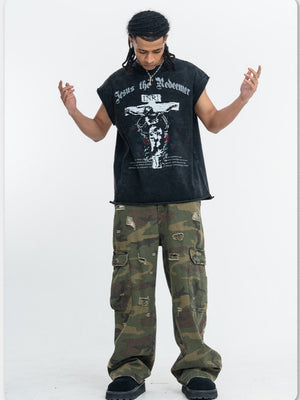 Washed Distressed God Printed Tank Tops
