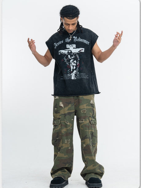 Washed Distressed God Printed Tank Tops