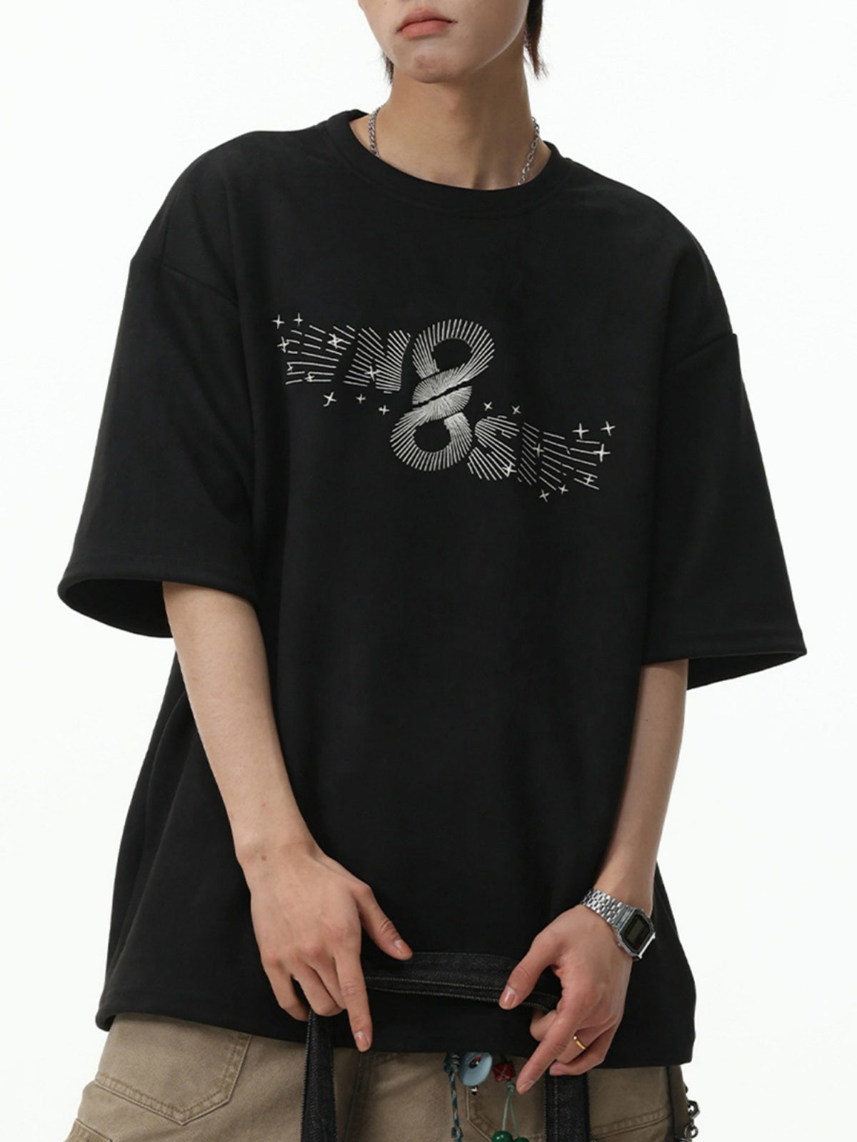 Imitation Suede Color-blocked Printed Loose-fit T-shirts