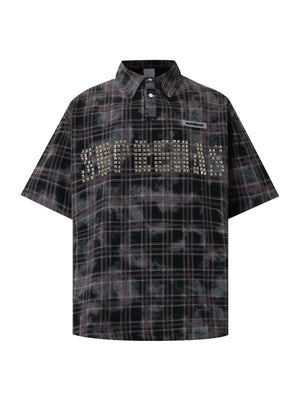 Distressed Tie-dye Plaid Studs Polo Shirts
