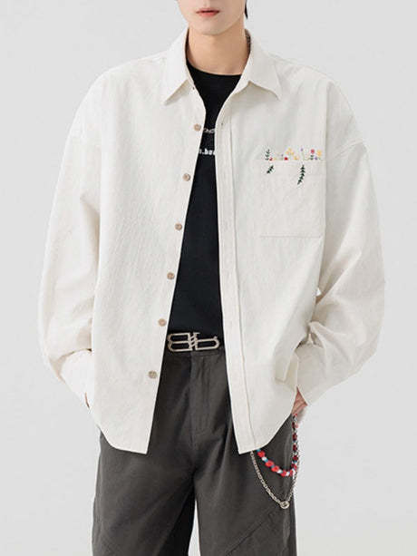 Simple Floral Embroidery Stripes Shirts