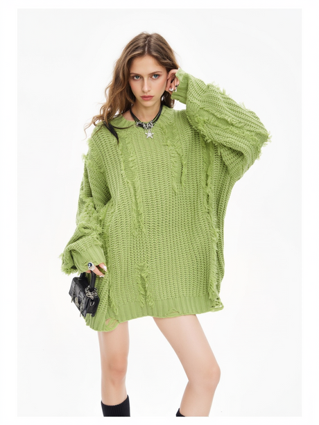 Mahua Hole Raw Edges All-match Crew Neck Sweater