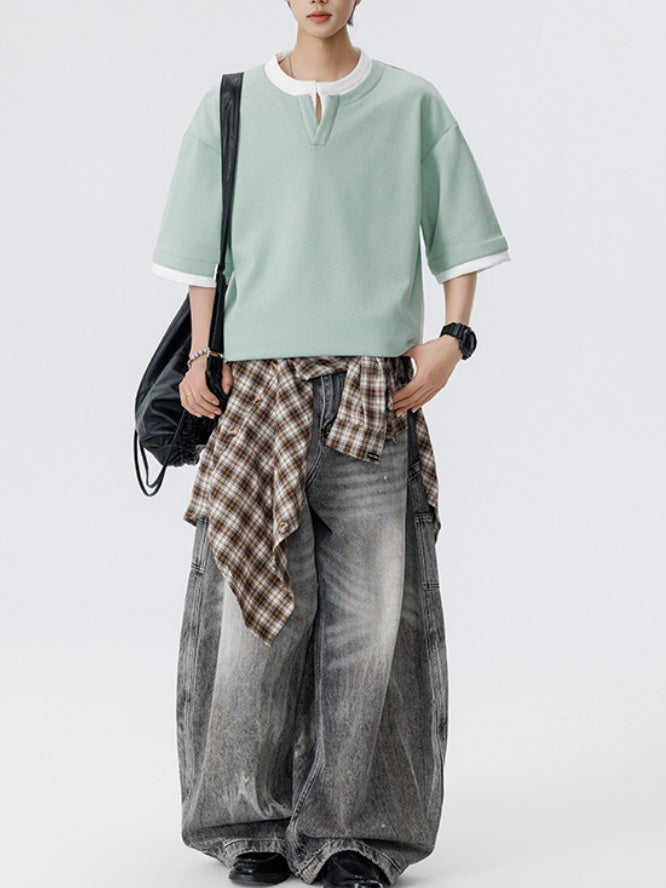 Layered-look Color-blocked Loose-fit T-shirts