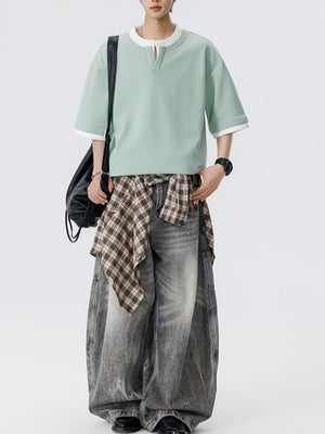 Layered-look Color-blocked Loose-fit T-shirts