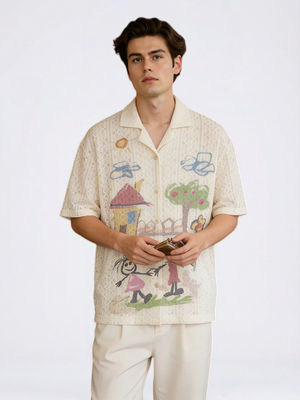 Hand-drawn Graffiti Printed Beach Vacation Lace Shirts