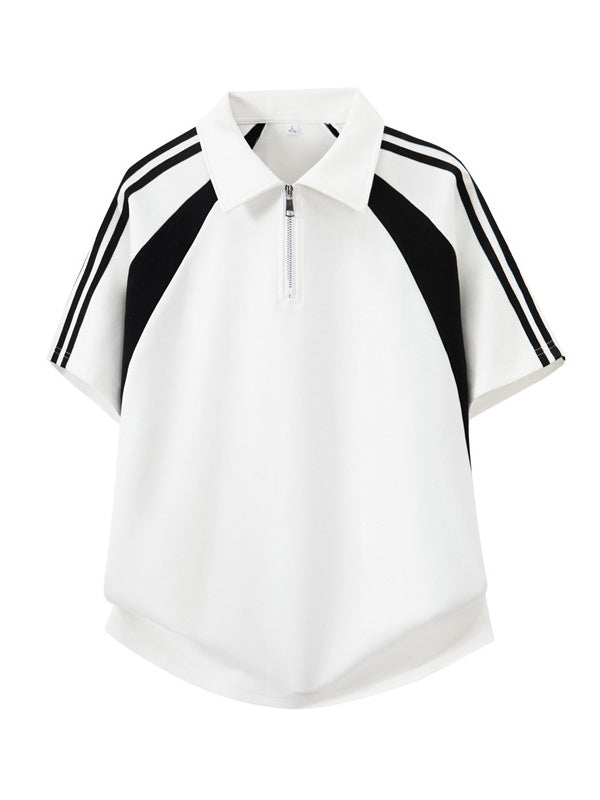 College Style Half Zipper Retro Color-blocked POLO Shirt