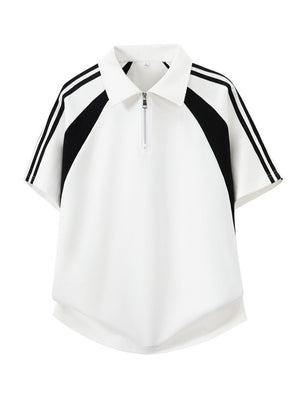 College Style Half Zipper Retro Color-blocked POLO Shirt