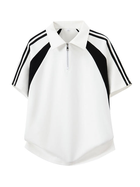 College Style Half Zipper Retro Color-blocked POLO Shirt