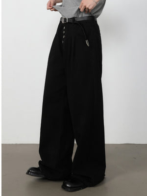 Retro Straight-fit Double Pleat Button Loose-fit Denim Pants