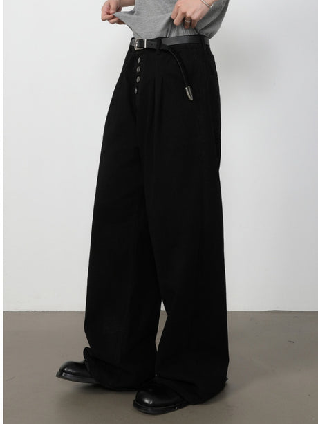 Retro Straight-fit Double Pleat Button Loose-fit Denim Pants