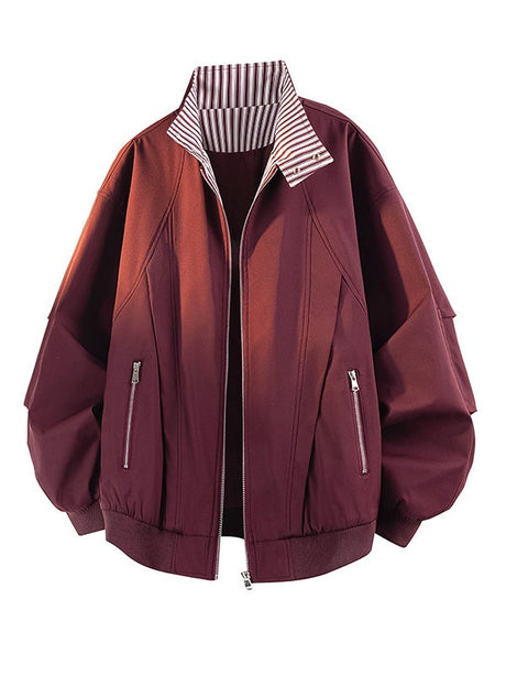 Contrasting Colors Stripes Stand Collar Tooling Loose Leisure Flight Jacket