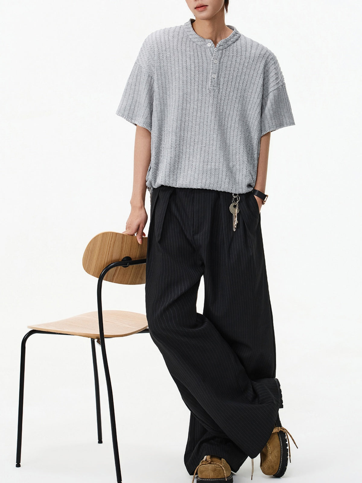 Color-blocked Henry's Collar Knitting T-shirts