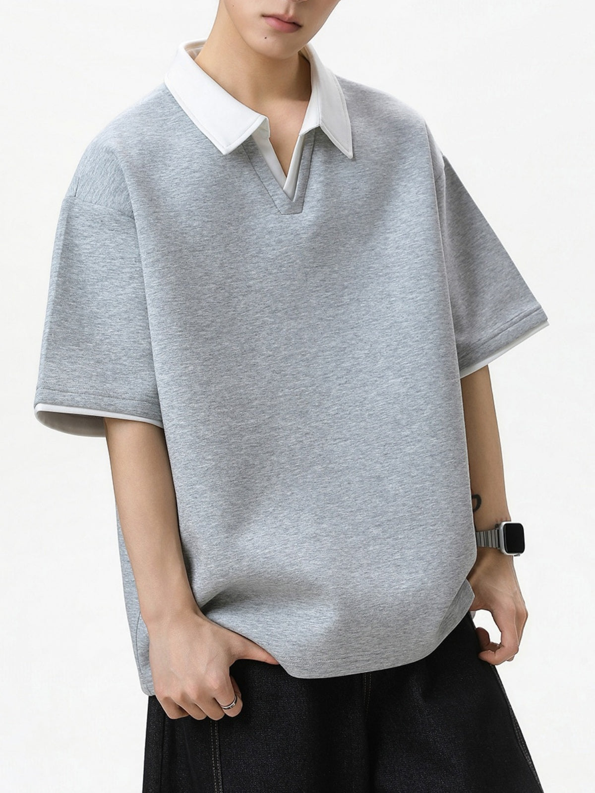 Layered-look Color-blocked Seagull Collar Polo Shirt