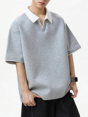 Layered-look Color-blocked Seagull Collar Polo Shirt