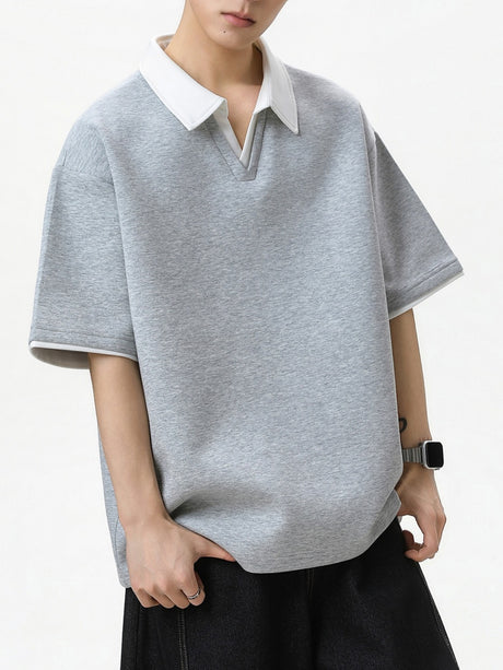 Layered-look Color-blocked Seagull Collar Polo Shirt