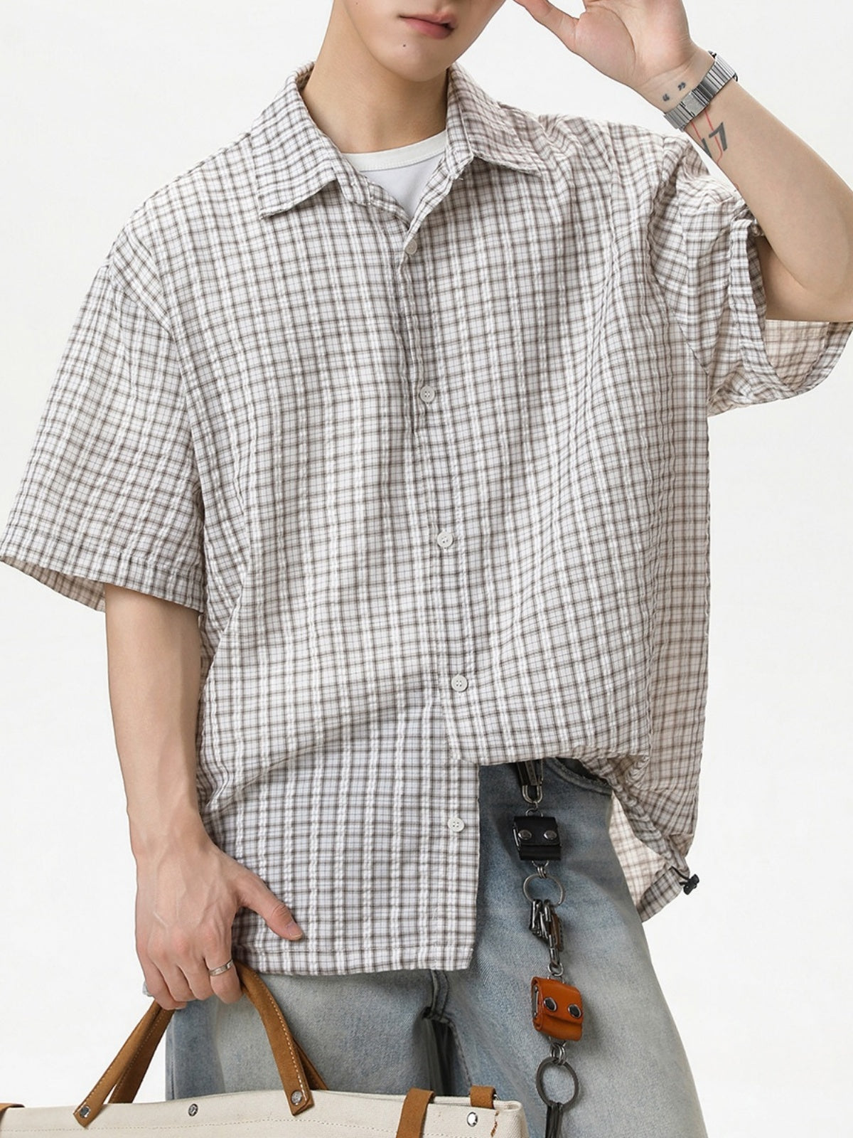 Color-blocked Plaid Boxy Loose-fit Shirts