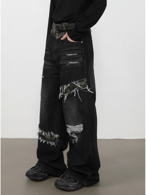 Patch Fake Hole Patchwork Jeans