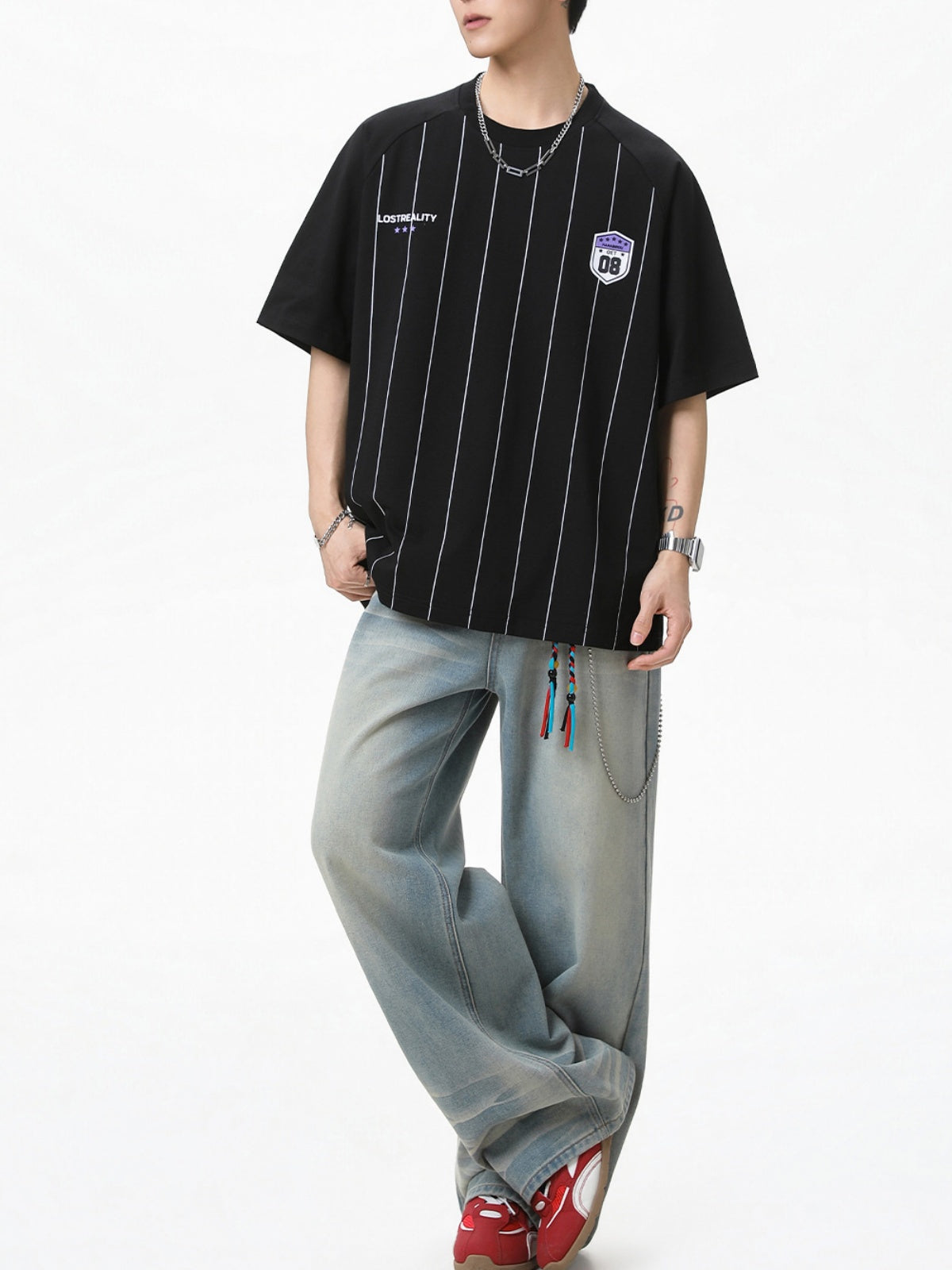 Printed Color-blocked Stripes Sports Loose-fit T-shirts