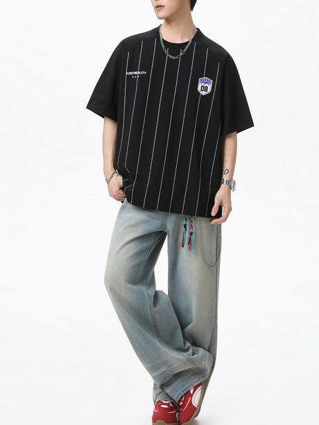 Printed Color-blocked Stripes Sports Loose-fit T-shirts