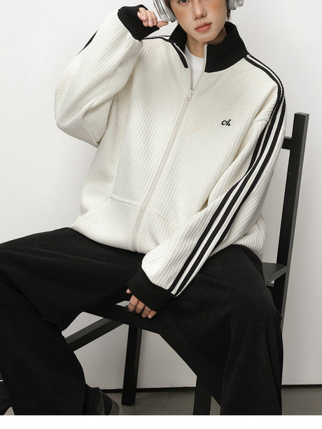 Color-blocked Vertical Stripe Loose-fit Cardigan Sweatshirt