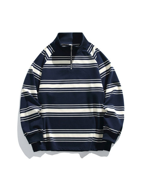 Mock Neck Zipper Stripes Raglan Sleeves Sweatshirts