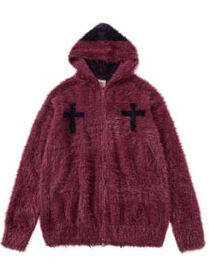 Retro Mohair Loose Zipper Hooded Cardigans