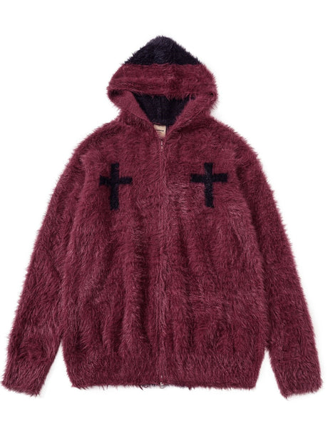 Retro Mohair Loose Zipper Hooded Cardigans