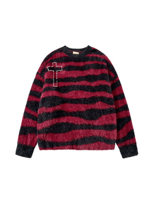 Stripes Hot Diamond Cross Imitation Mohair Sweater