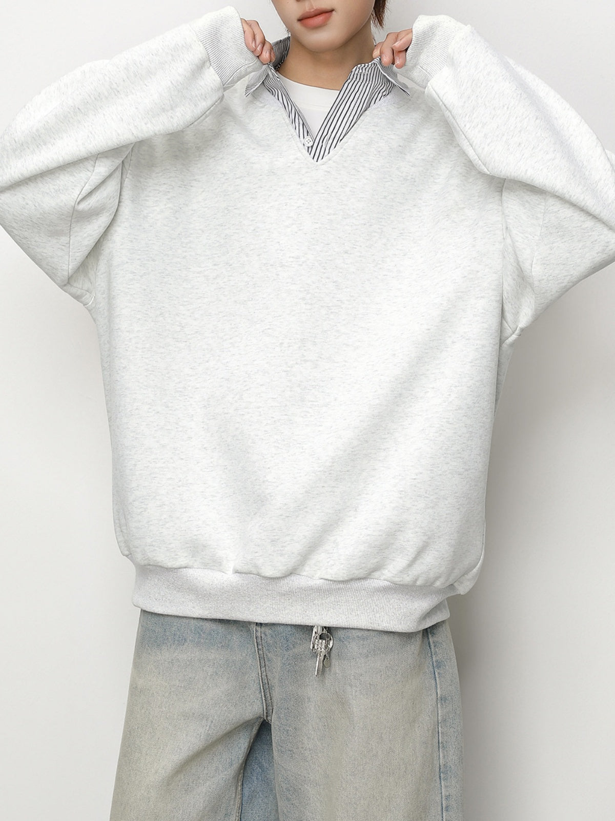 Layered-look Vertical Stripe Shirt Collar Polo