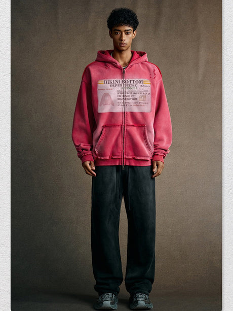 Cardigan mit abgenutztem, gewaschenem Print-Hoodie