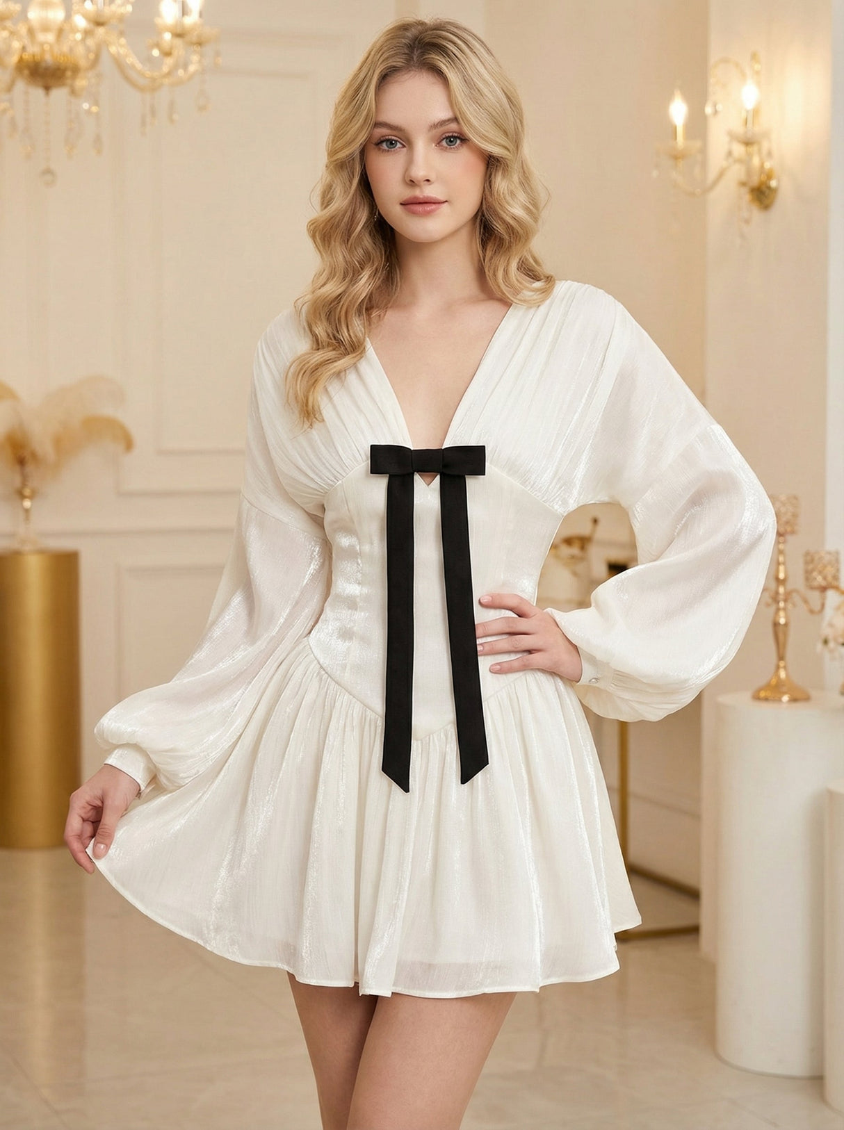 Robes courtes et mini en mousseline à col V et décolleté plongeant, manches ballon et nœud papillon