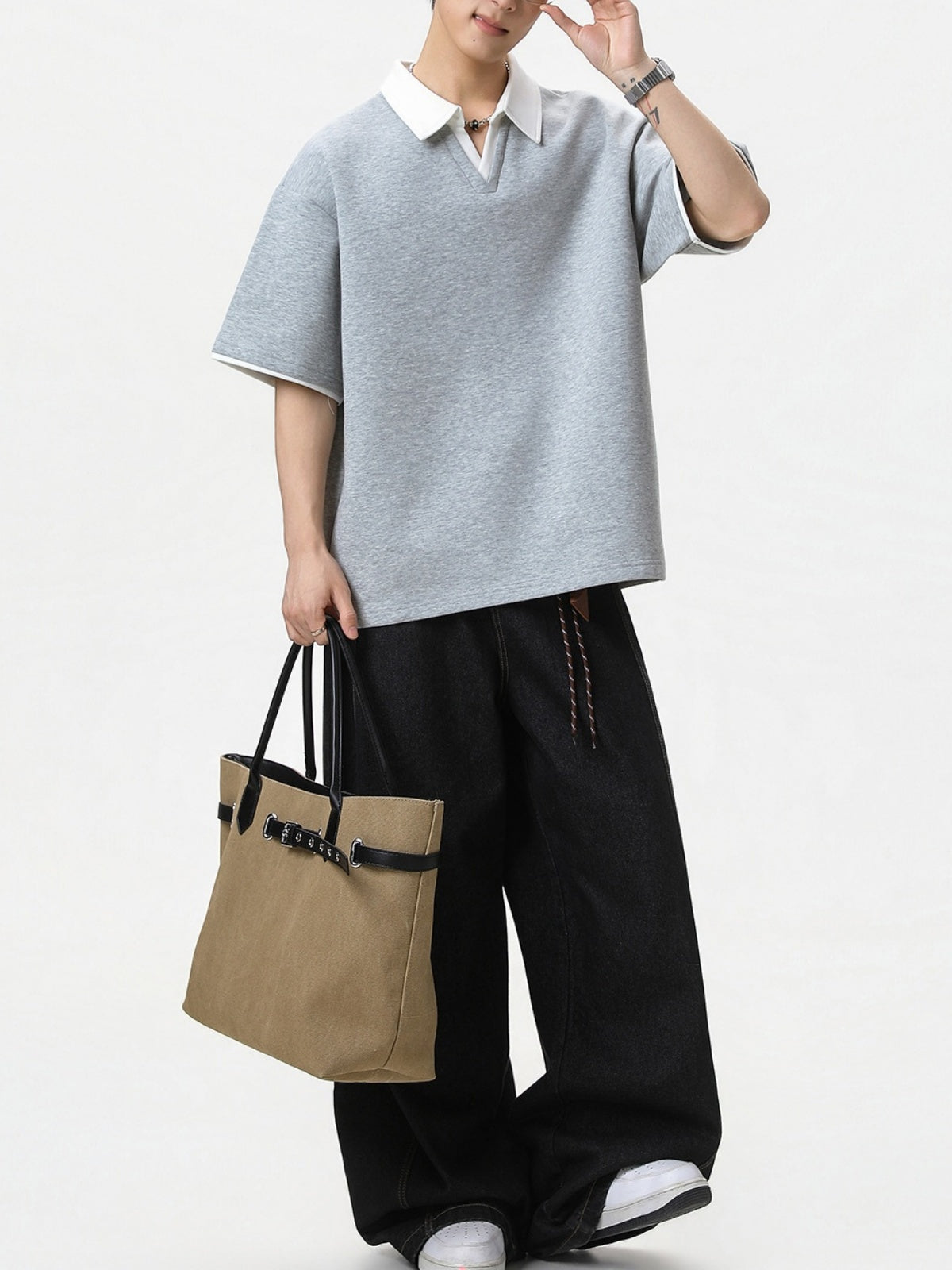 Layered-look Color-blocked Seagull Collar Polo Shirt