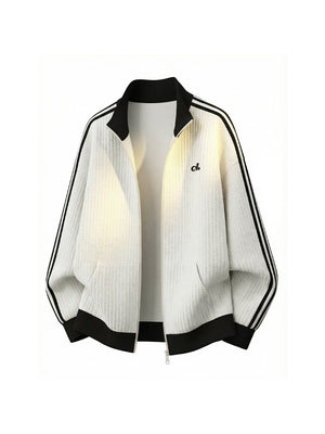 Color-blocked Vertical Stripe Loose-fit Cardigan Sweatshirt