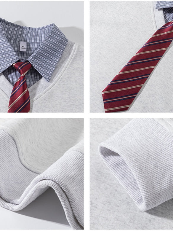 Fake Two Pieces Plaid Tie Contrasting Colors Splicing Polo