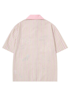 Cartoon Embroidery Vertical Stripe Hip Hop Loose-fit Color-blocked Shirts