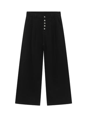 Retro Straight-fit Double Pleat Button Loose-fit Denim Pants
