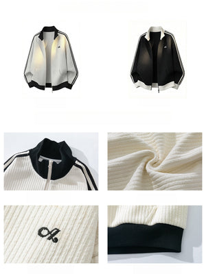 Color-blocked Vertical Stripe Loose-fit Cardigan Sweatshirt