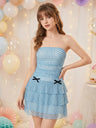 Strapless Waist Polka Dots Mesh Cake Skirt Bow Mini&Short Dresses