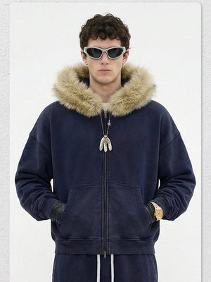 Gilet à capuche en polaire doublé, col en fourrure, coupe carrée et délavée