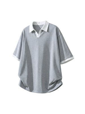 Layered-look Color-blocked Seagull Collar Polo Shirt