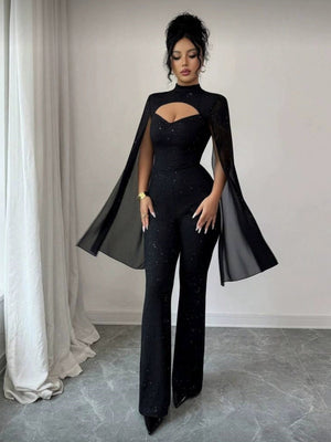 Paillettenbesetzte Chiffon-Jumpsuits und Bodys mit Cape, Rollkragen und durchbrochenem Brustbereich
