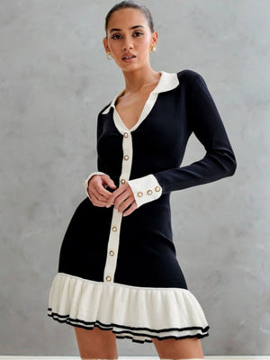 Color-blocked Ruffle Lapel Buttons Maxi Dresses