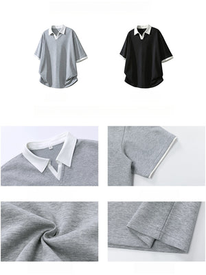 Layered-look Color-blocked Seagull Collar Polo Shirt