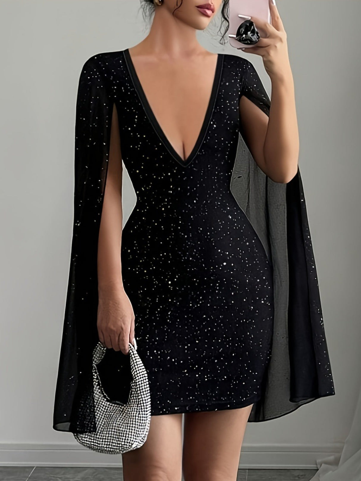 Sequins Chiffon Cape Deep V-neck Mini&Short Dresses