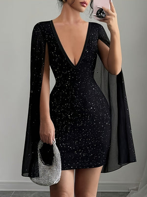 Sequins Chiffon Cape Deep V-neck Mini&Short Dresses