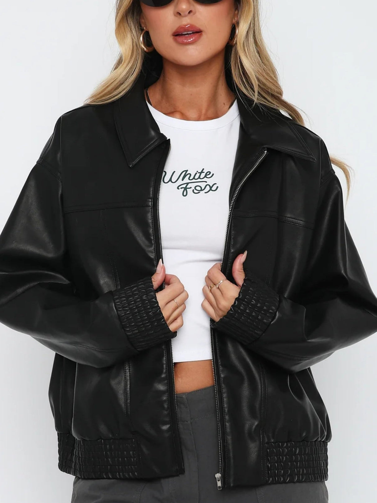 Baseballjacke aus PU-Leder mit langen Ärmeln und Reißverschluss