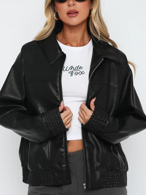 Baseballjacke aus PU-Leder mit langen Ärmeln und Reißverschluss