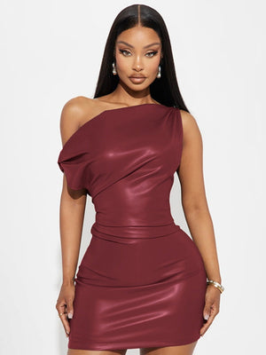 PU Leather Sloping Shoulders Party Mini&Short Dresses