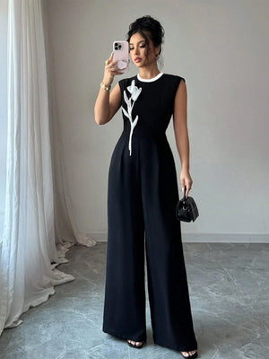 Embroidery Round Neck Sleeveless Wide-leg Jumpsuit
